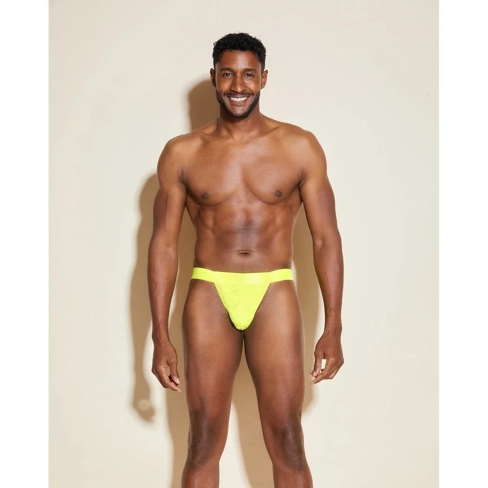 Cosabella Never Say Never Mens Neon Yellow Floral Lace Jockstrap Underwear